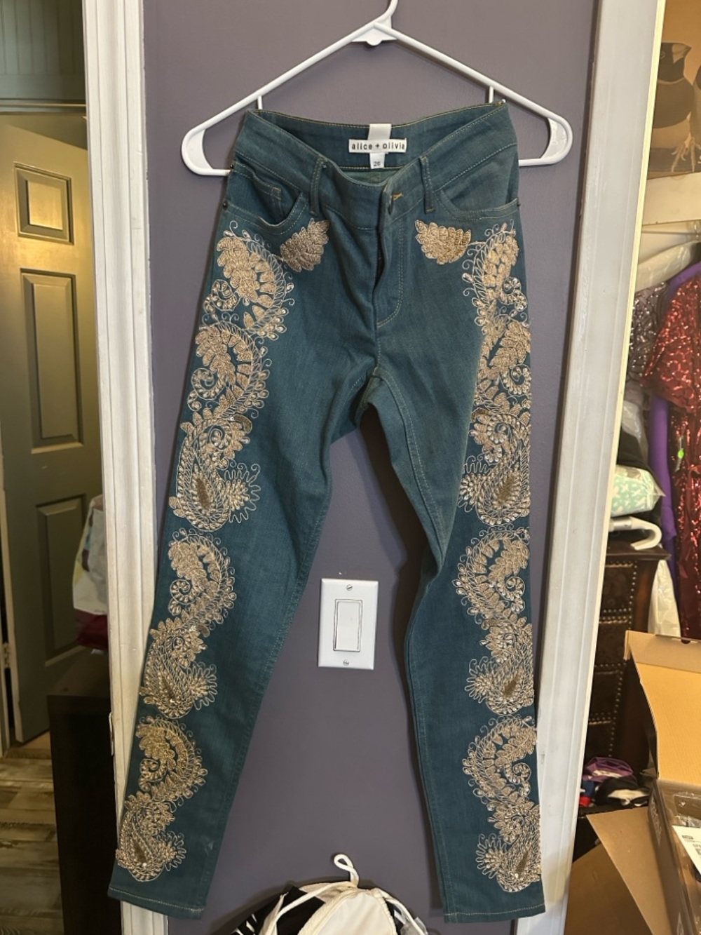 Alice + Olivia Teal Skinny Jeans with Gold Embroidered Side Panels